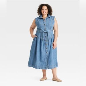 Women's Tie-Waist MIDI a-Line Denim Dress - Universal Thread Indigo Sz 17
